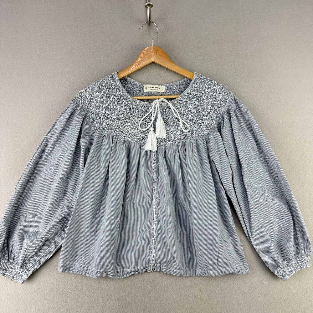 Lucky Brand Smocked Peasant Blouse Women XS Blue White Striped Tassel Boho Top